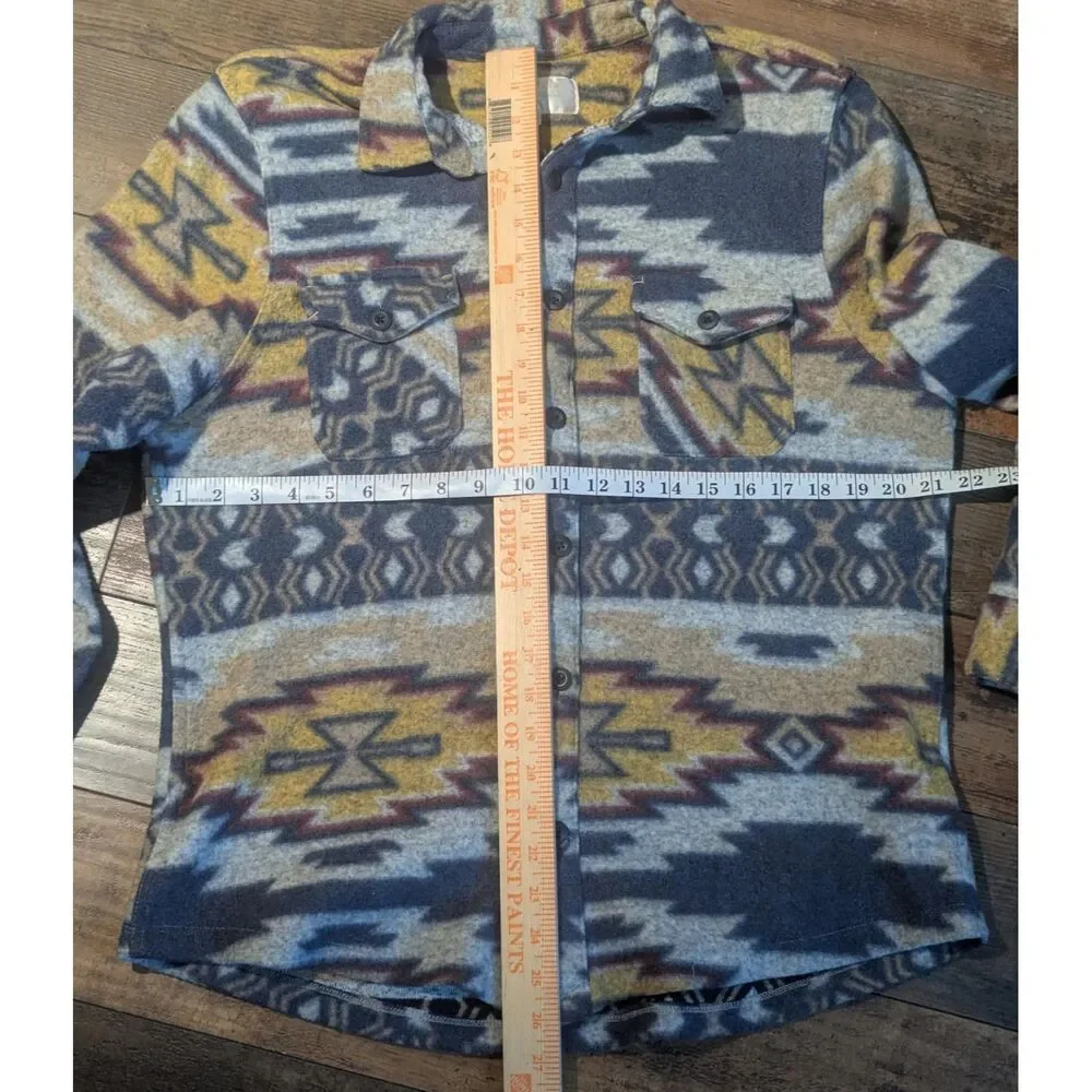 Raw Yarn Mens Aztec Southwest Fleece Button Up Shirt Jacket Large Tribal Print